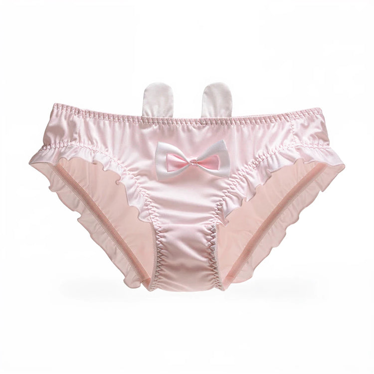 Pink satin bunny undies with bow and ears, ruffled edges.