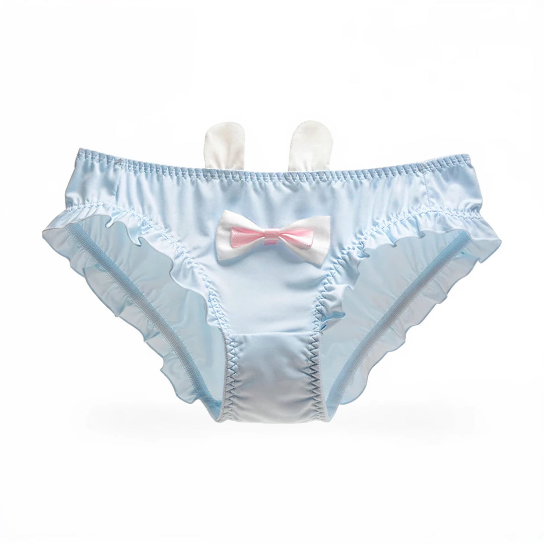 Light blue satin bunny undies with ruffles, pink bow, and white ears.