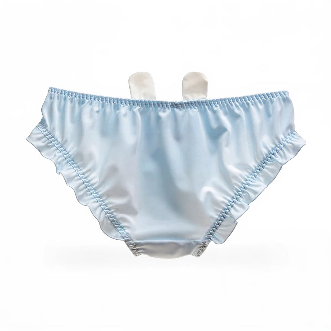 Light blue satin bunny undies with ruffled edges and elastic waist.