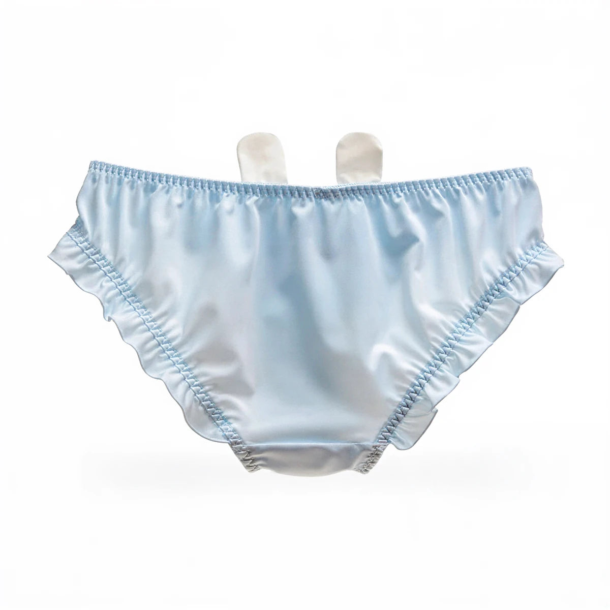 Light blue satin bunny undies with ruffled edges and elastic waist.