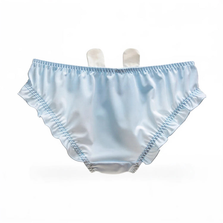 Light blue satin bunny undies with ruffled edges and elastic waist.