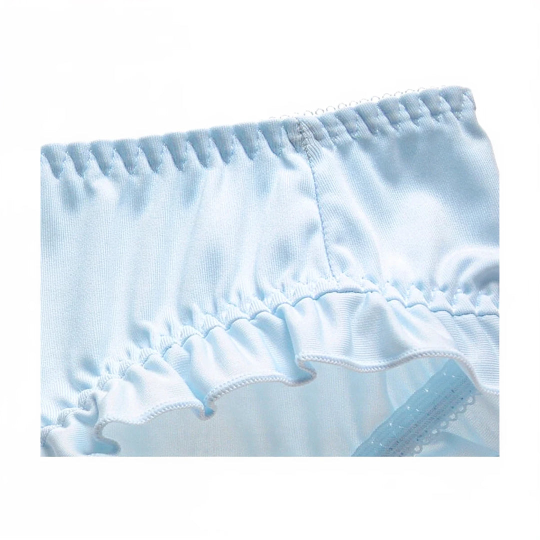 Light blue bunny-themed underwear with ruffled waistband and lace trim.