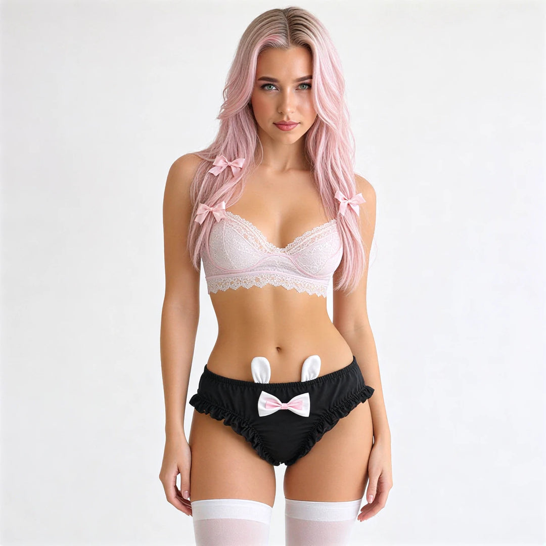 Black lace-trimmed bunny-themed underwear with white ears and pink bow.