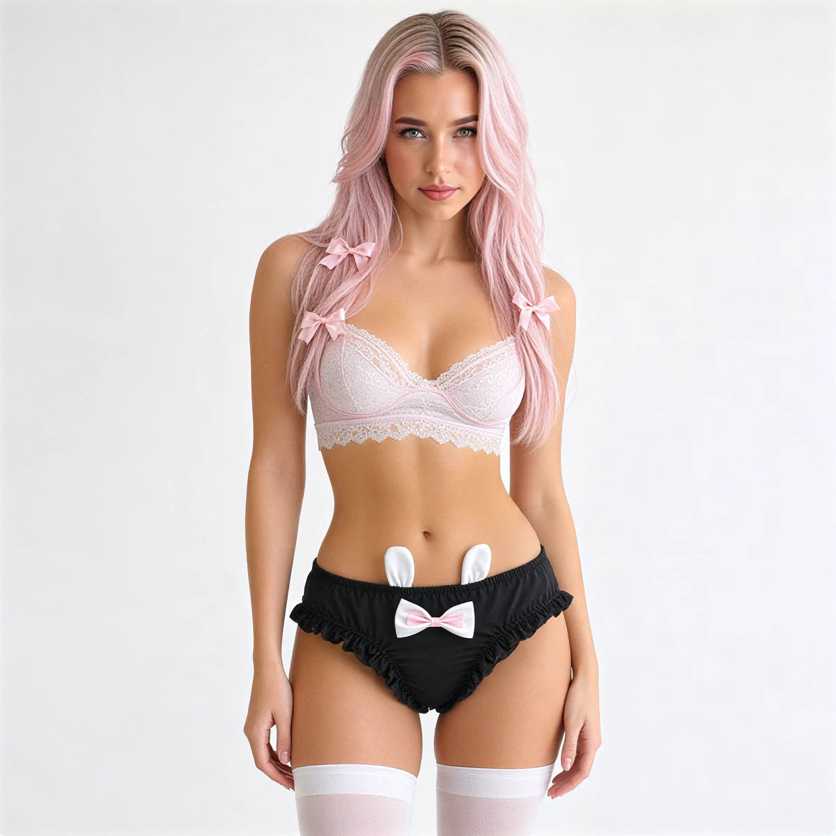 Black lace-trimmed bunny-themed underwear with white ears and pink bow.