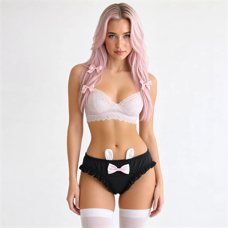 Black lace-trimmed bunny-themed underwear with white ears and pink bow.