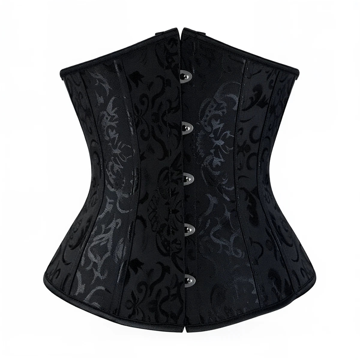 Black damask corset with silver buttons and structured waist shaping.