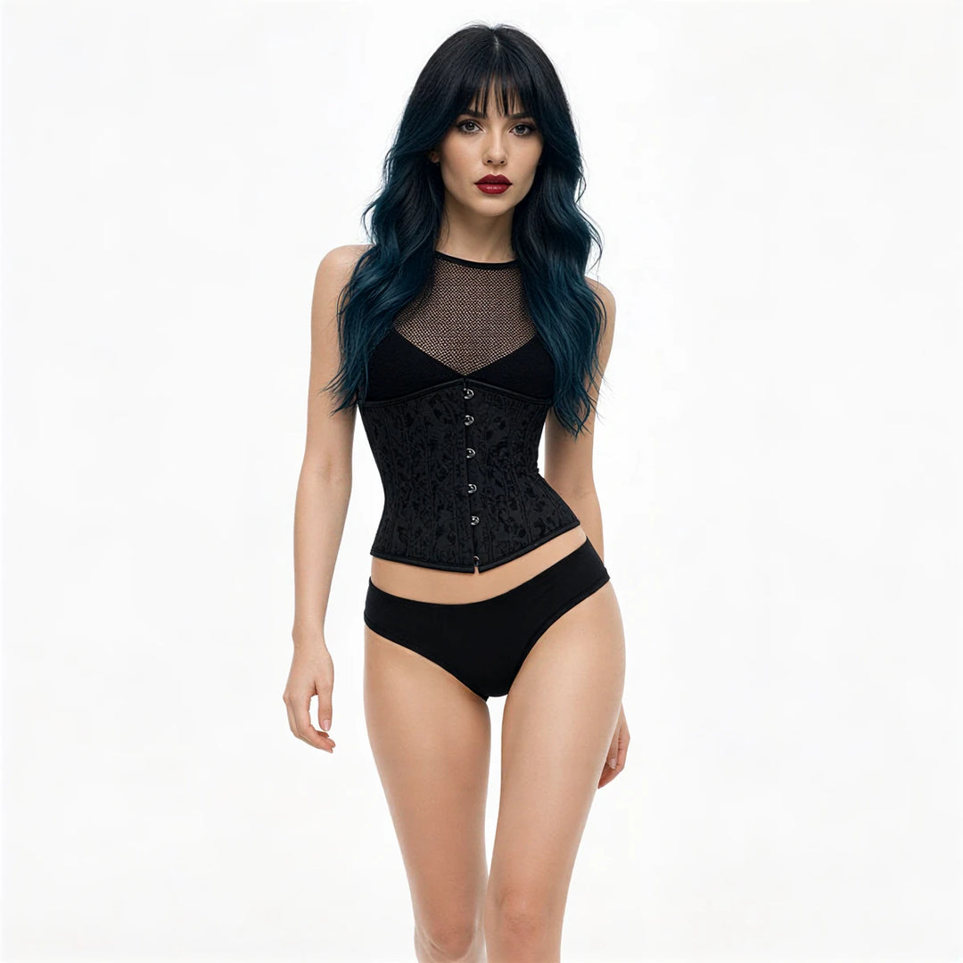 Black lace corset with front lacing and mesh bodice detail.