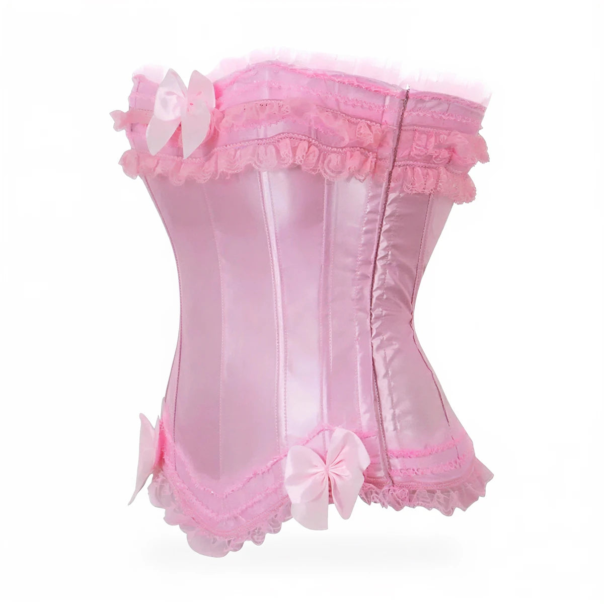 Pink corset with lace trim and bows, satin material, waist cinching design.