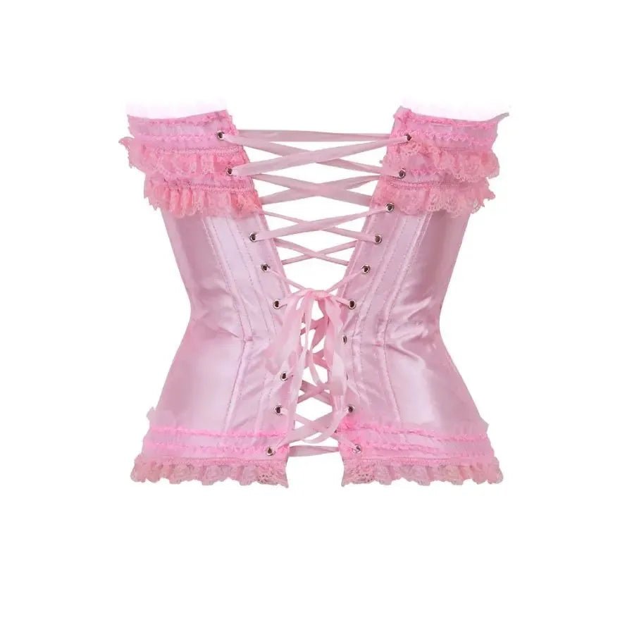Pink corset with lace-up front, satin material, ruffled lace trim.