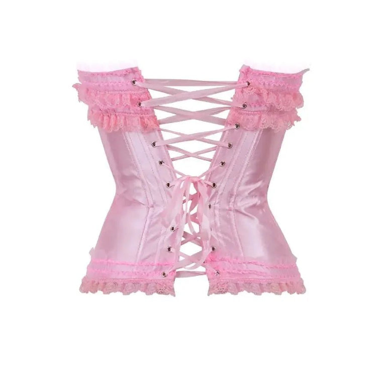 Pink corset with lace-up front, satin material, ruffled lace trim.