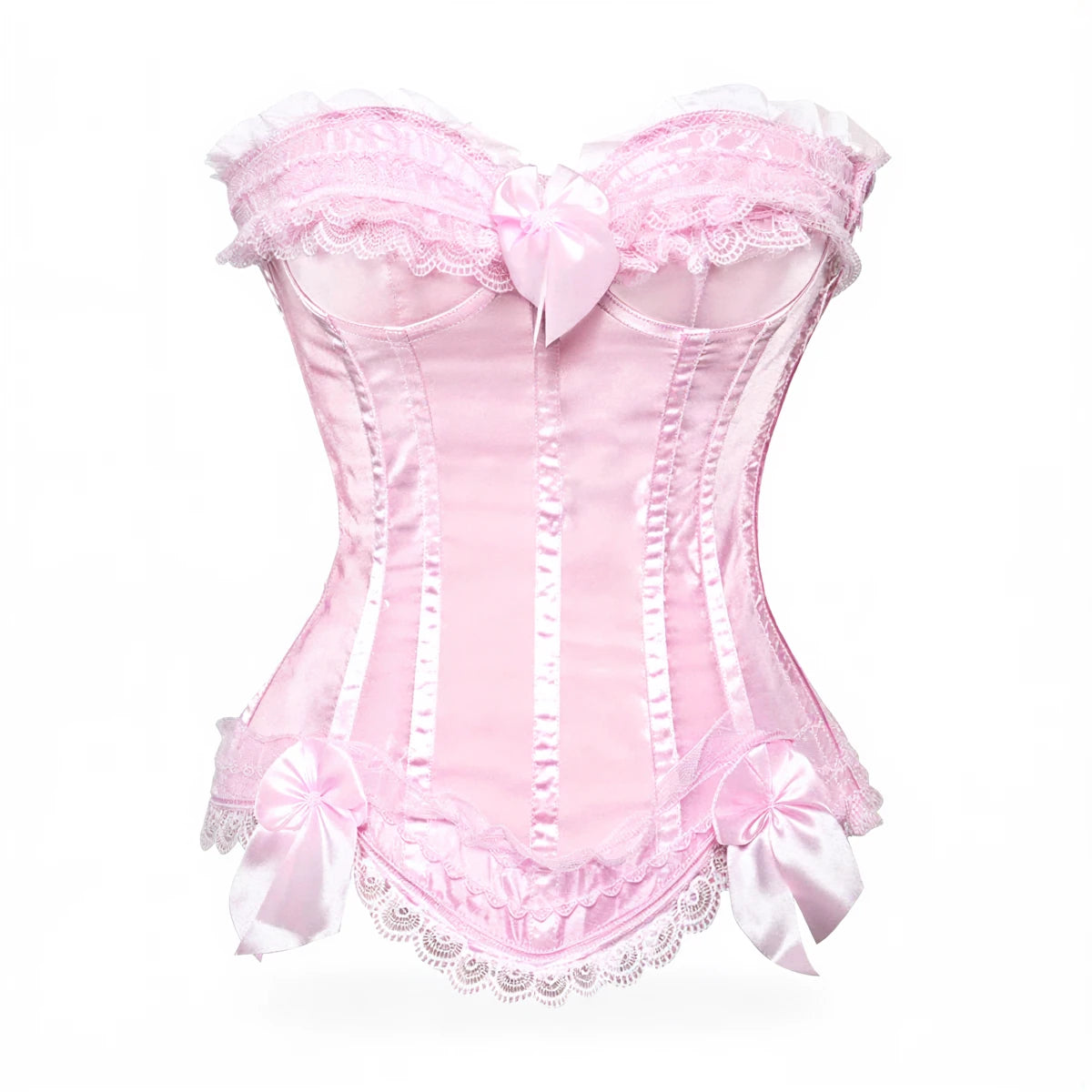 Pink corset with lace trim, satin bows, and structured boning.