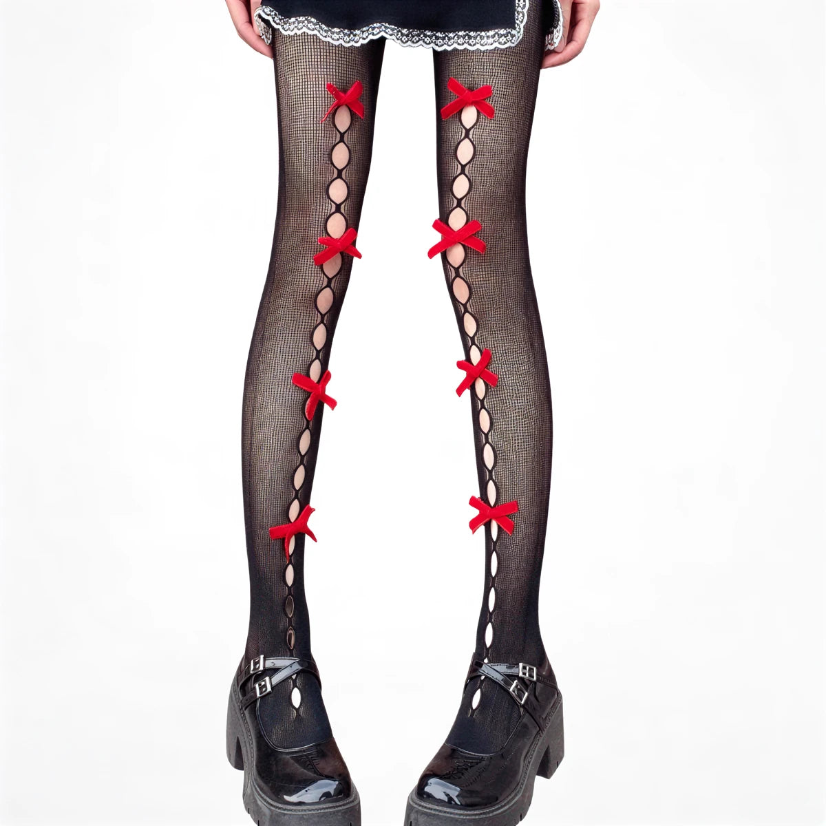 Red bow kawaii stockings, sheer black with red bows and lace-up design.