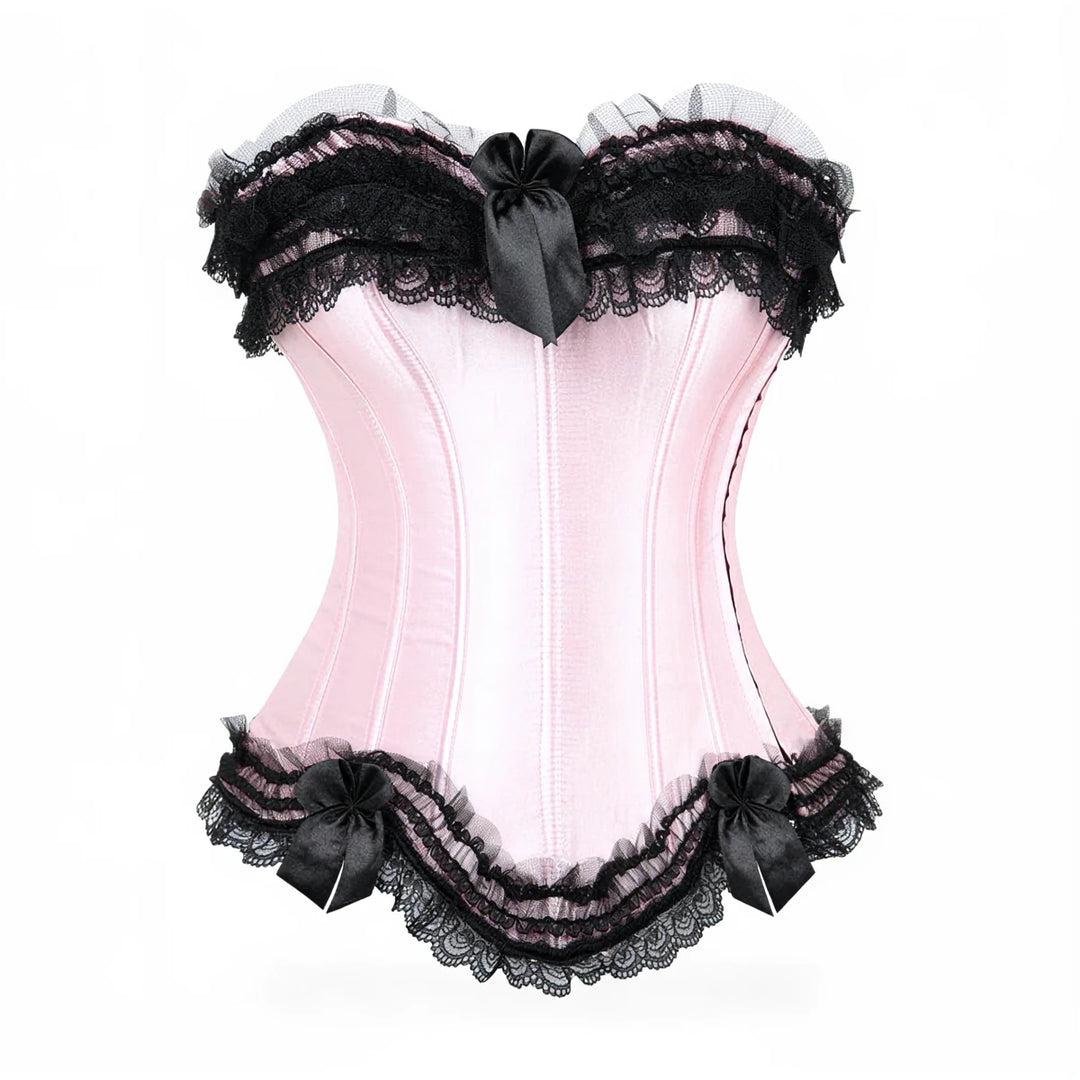 Pink satin corset with black lace trim and ribbon bows at neckline and hem.