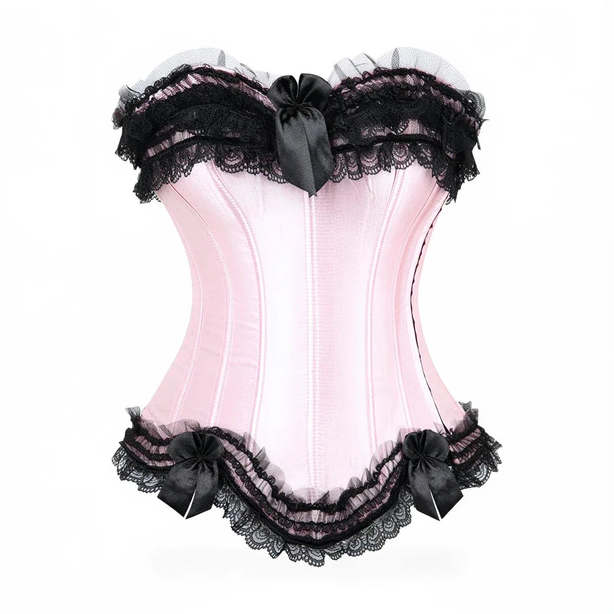 Pink satin corset with black lace trim and ribbon bows at neckline and hem.