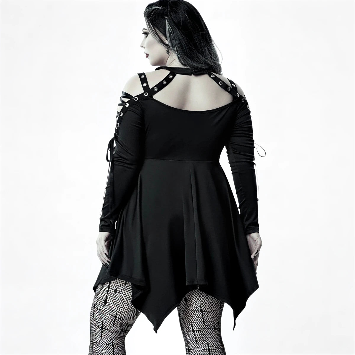 Black gothic dress with lace-up shoulders and asymmetrical hem.