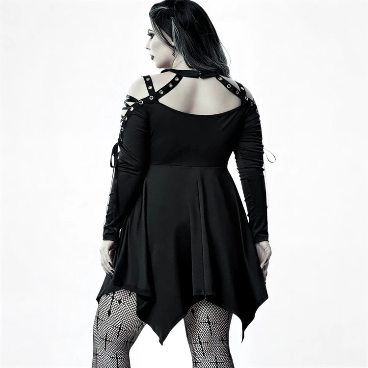 Black gothic dress with lace-up shoulders and asymmetrical hem.