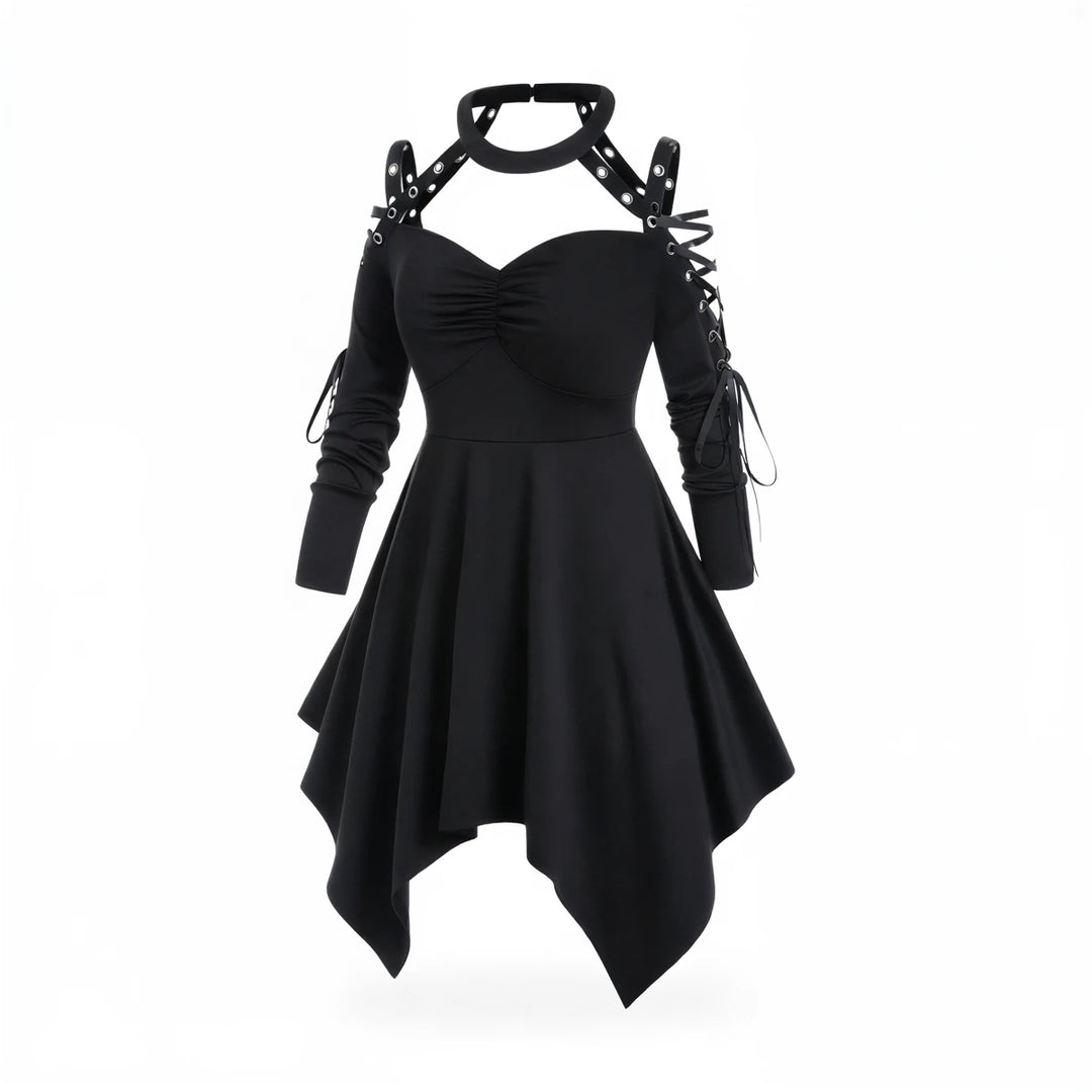 Black gothic dress with lace-up sleeves and asymmetrical hem.