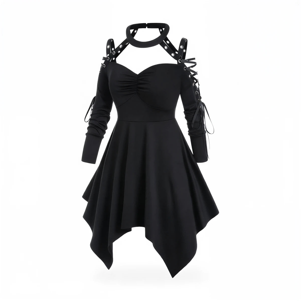 Black gothic dress with lace-up sleeves and asymmetrical hem.