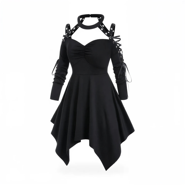 Black gothic dress with lace-up sleeves and asymmetrical hem.