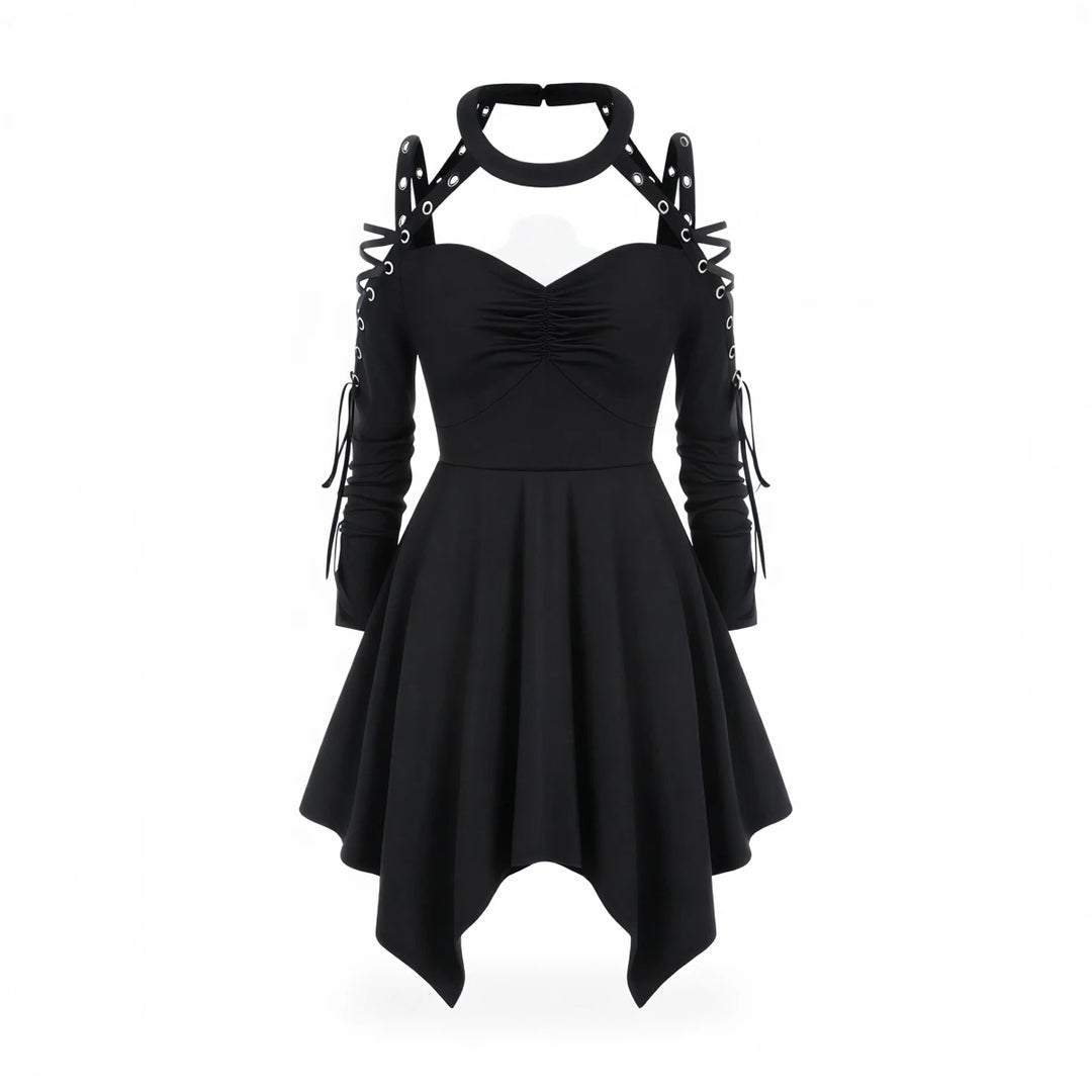 Black gothic dress with lace-up sleeves and asymmetrical hem.
