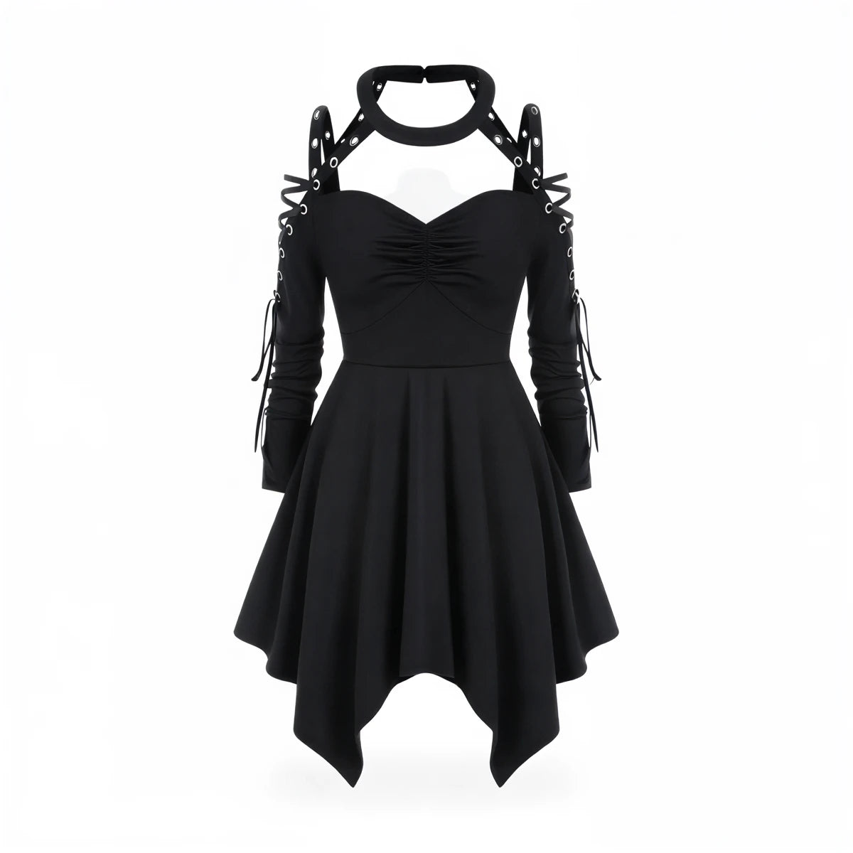 Black gothic dress with lace-up sleeves and asymmetrical hem.