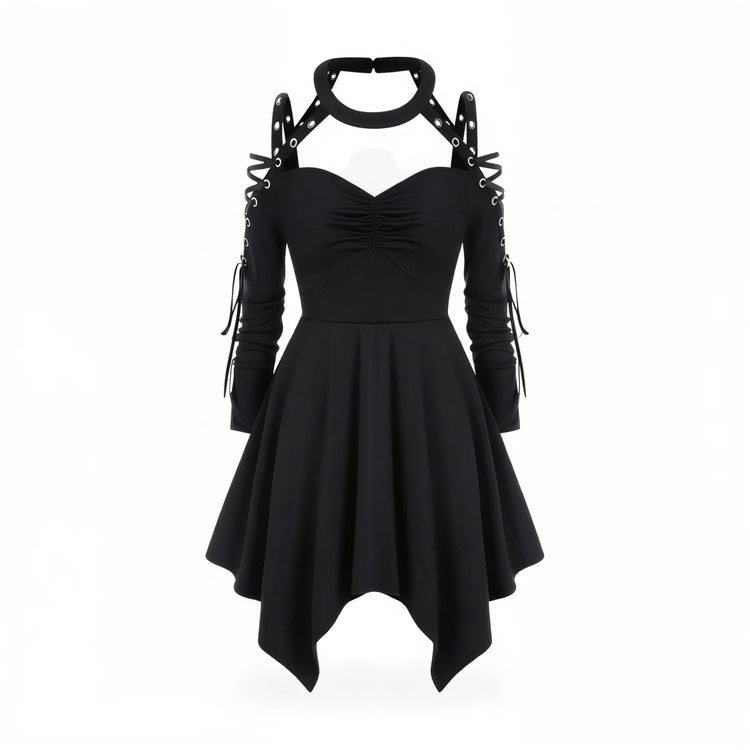 Black gothic dress with lace-up sleeves and asymmetrical hem.