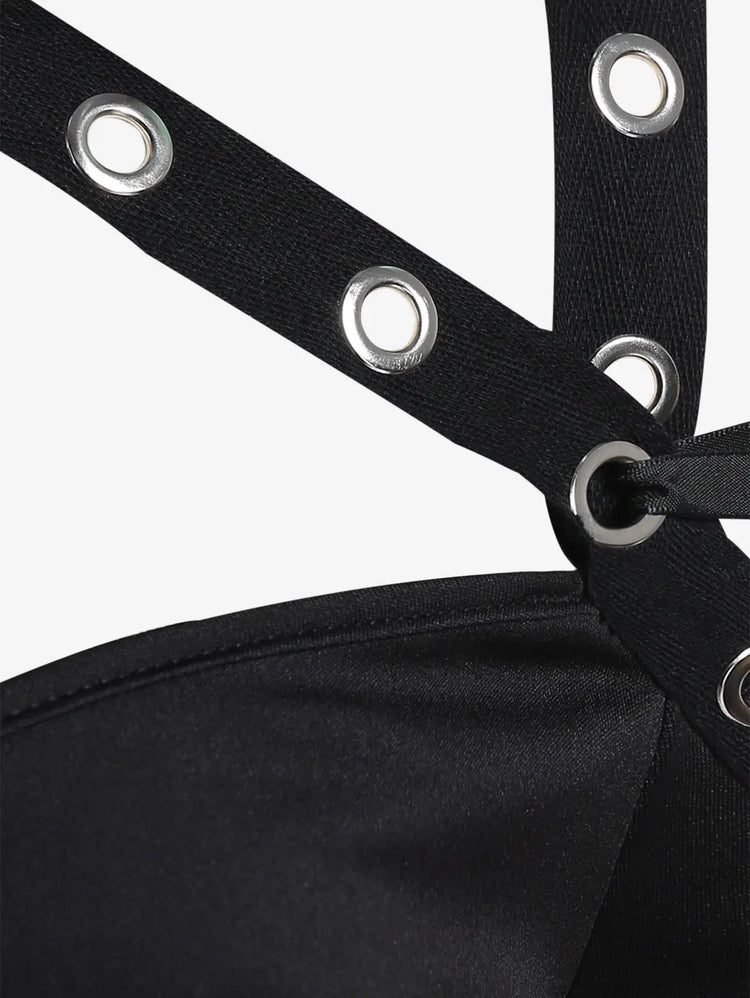 Black Ghoul's Night Out Dress with grommet straps and adjustable ties.