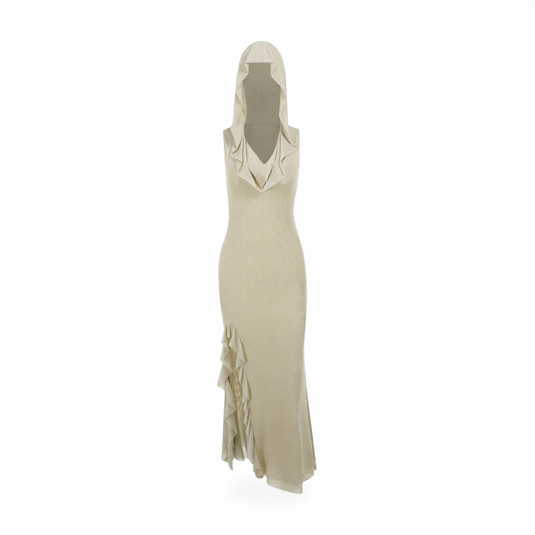 Beige mesh dress with hood and ruffled side detail.