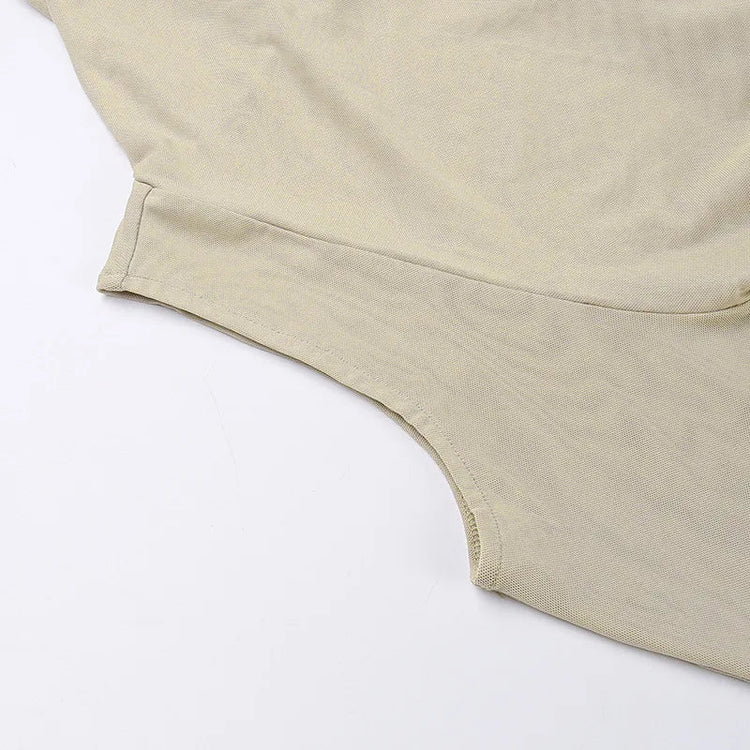 Dune Wanderer Mesh Dress, beige, lightweight mesh fabric, curved hem detail.