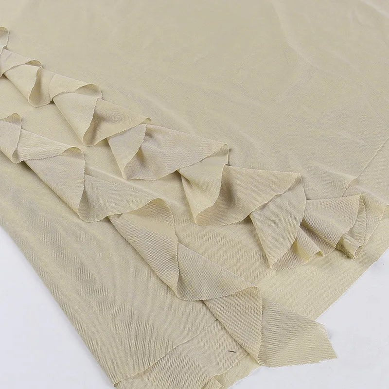 Dune Wanderer Mesh Dress, beige, lightweight mesh fabric with ruffled detailing.