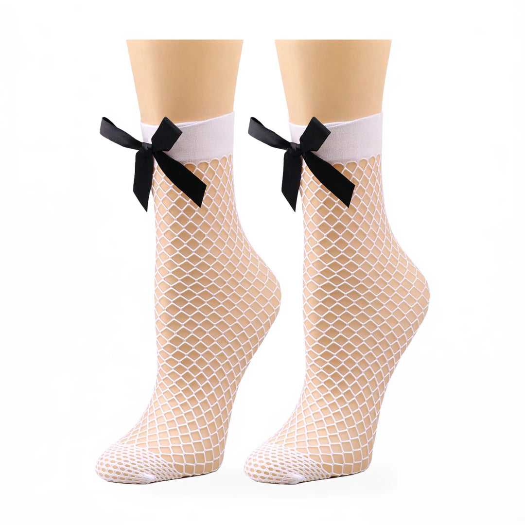 Fishnet socks with black ribbon bows, beige mesh, elasticated cuff.