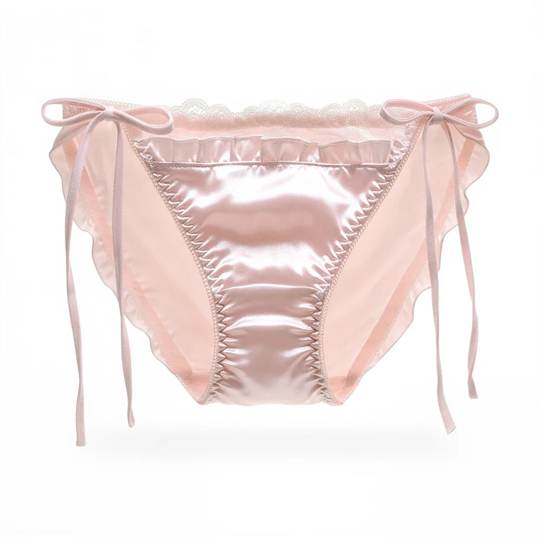 Pink satin panties with lace trim and side ties.