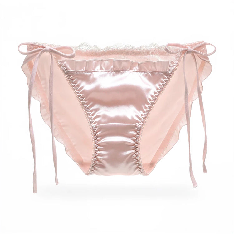 Pink satin panties with lace trim and side ties.