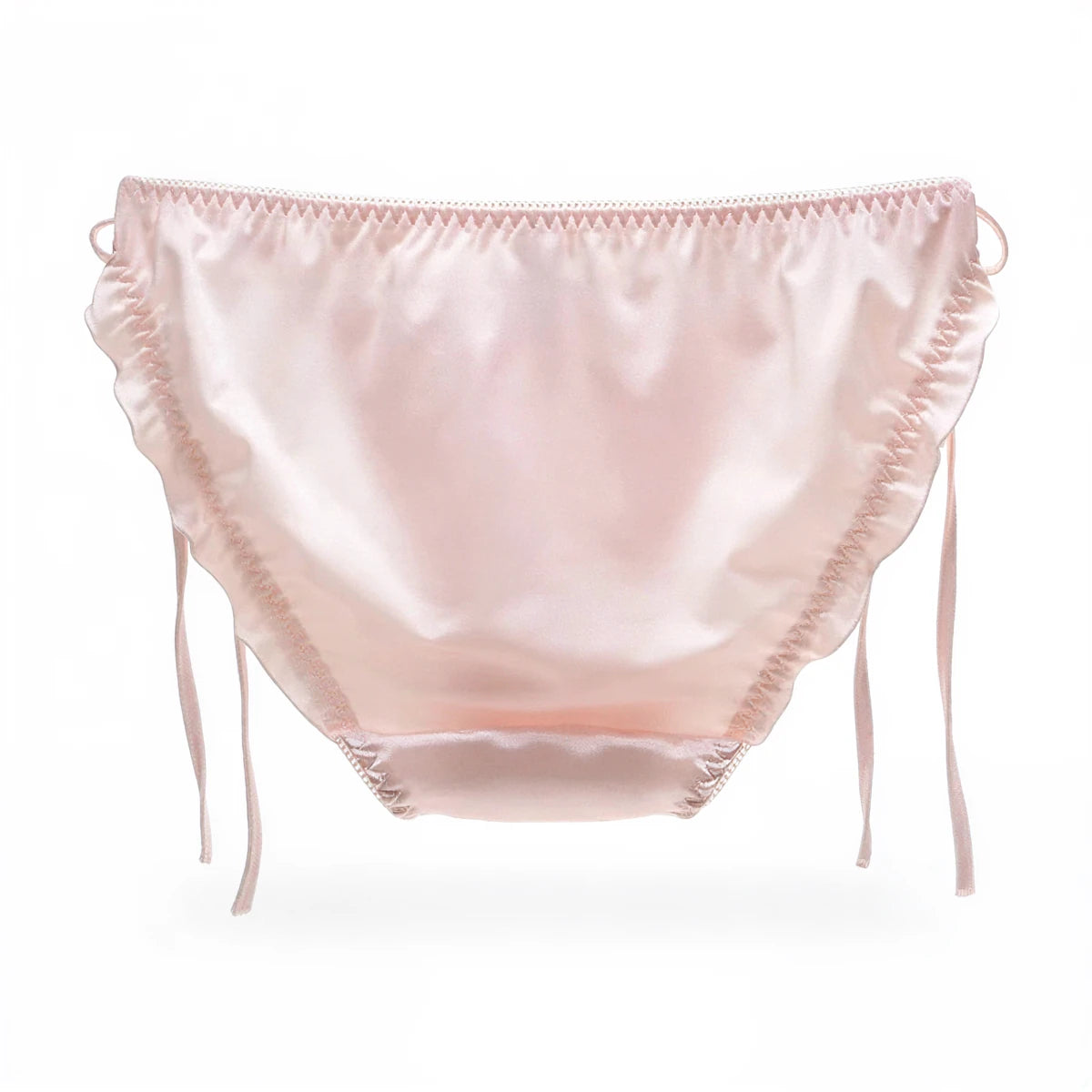 Pink satin panties with ruffled edges and side ties.