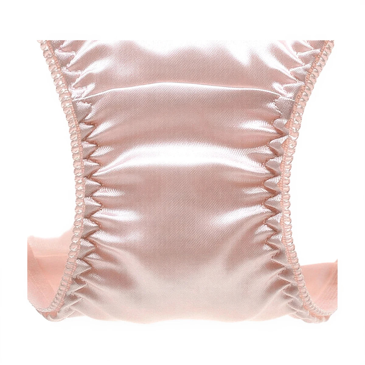 Pink satin panties with ruched sides and delicate beaded trim.