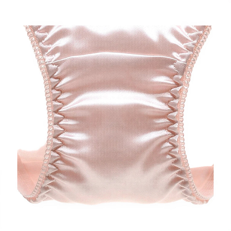 Pink satin panties with ruched sides and delicate beaded trim.