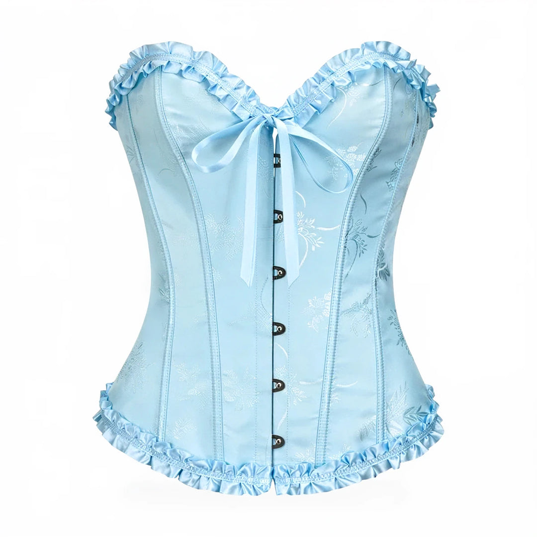 Light blue lace corset with ruffled trim and front button closure.