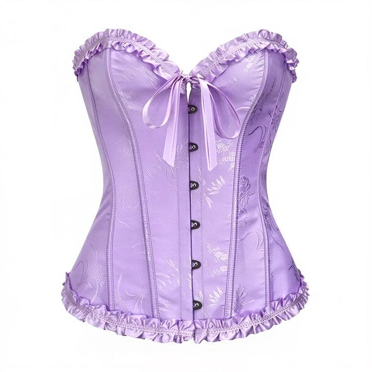 Lavender lace corset with ruffled trim and front button closure.