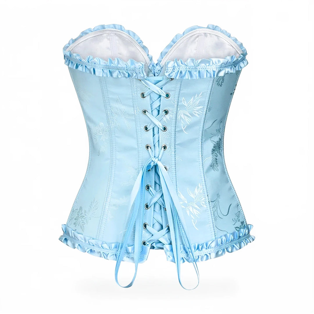 Light blue lace corset with floral embroidery and ruffled trim.