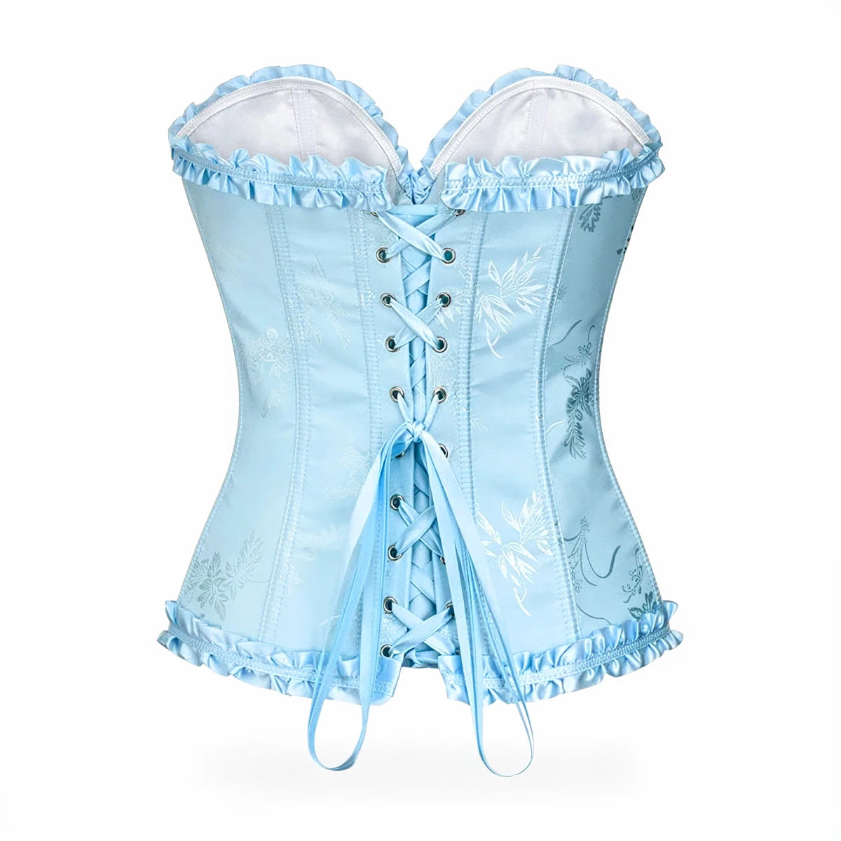 Light blue lace corset with floral embroidery and ruffled trim.