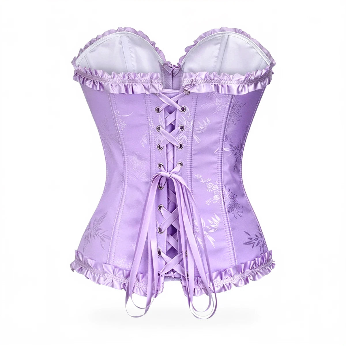 Purple lace corset with floral embroidery and ruffled trim.