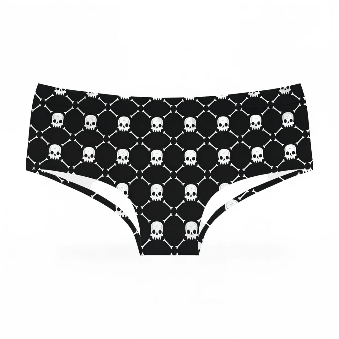 Black skull patterned panties with white trim and diamond lattice design.