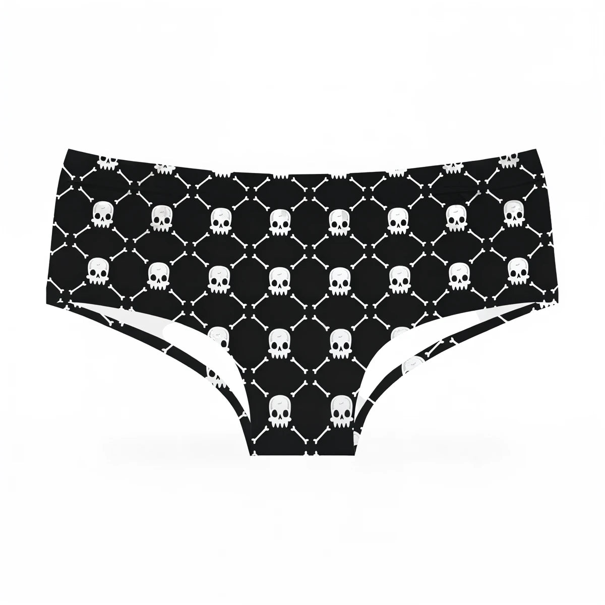 Black skull patterned panties with white trim and diamond lattice design.