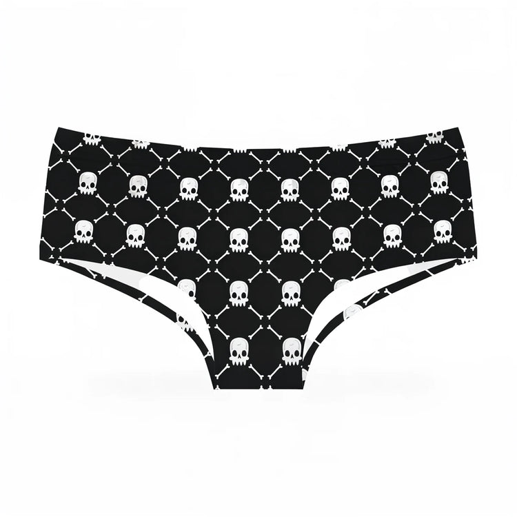 Black skull patterned panties with white trim and diamond lattice design.