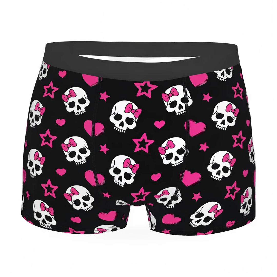 Skull Love Briefs: black briefs with pink skulls, hearts, and stars pattern.