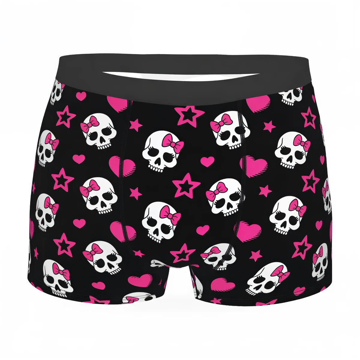 Skull Love Briefs: black briefs with pink skulls, hearts, and stars pattern.