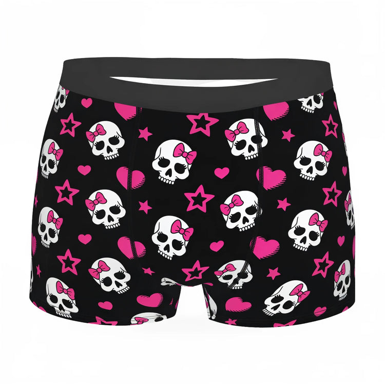 Skull Love Briefs: black briefs with pink skulls, hearts, and stars pattern.