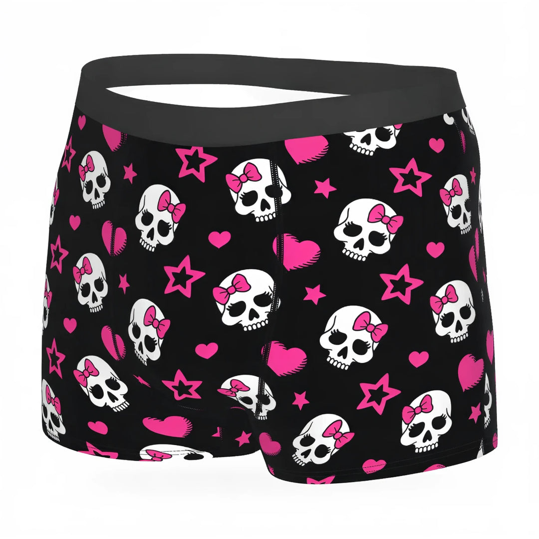 Skull Love Briefs: black briefs with pink skulls, hearts, and stars pattern.
