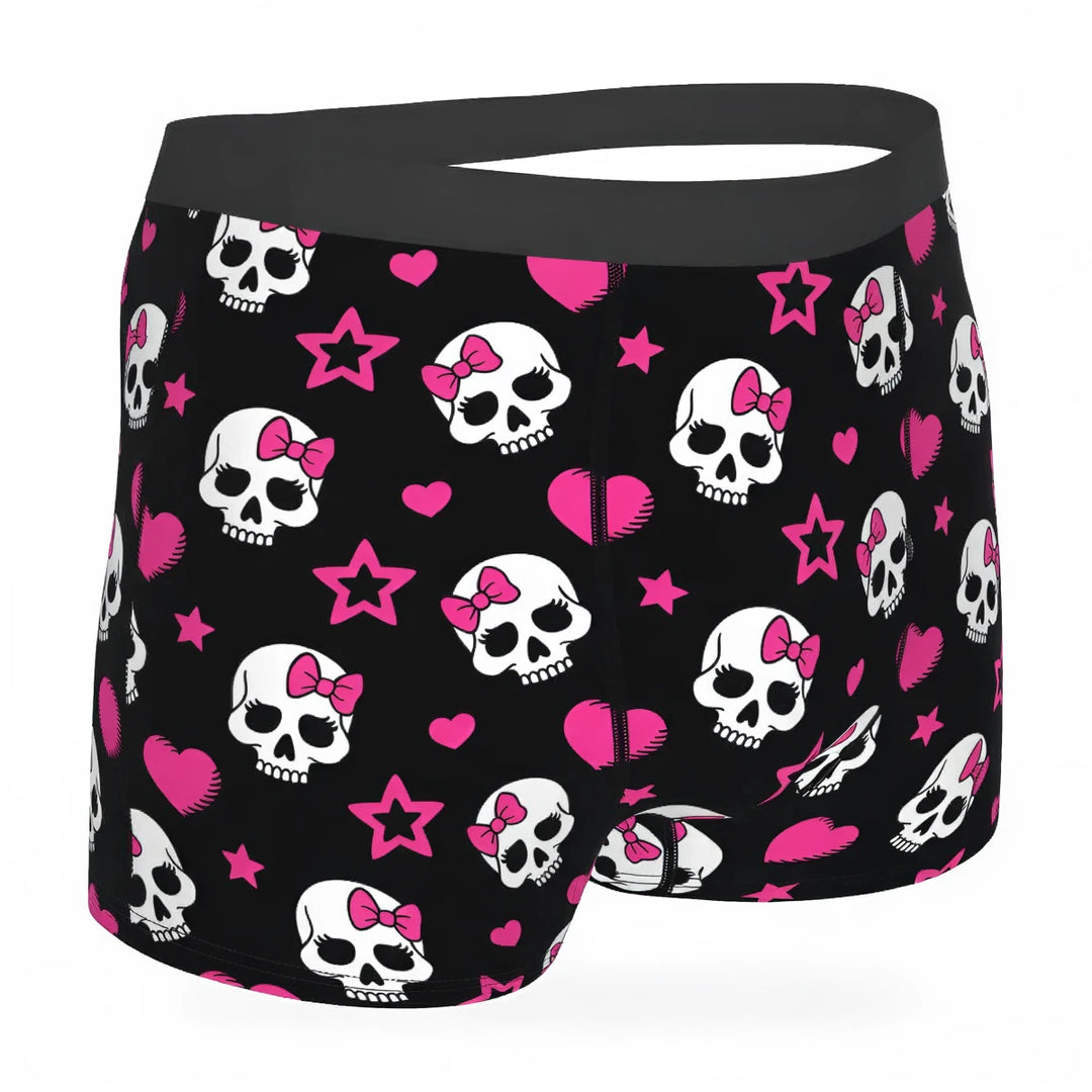 Skull Love Briefs: black briefs with pink skulls, hearts, and stars pattern.