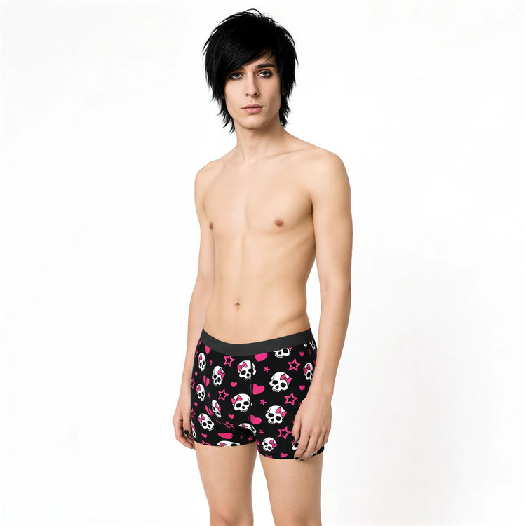 Black skull love briefs with pink hearts and stars pattern.